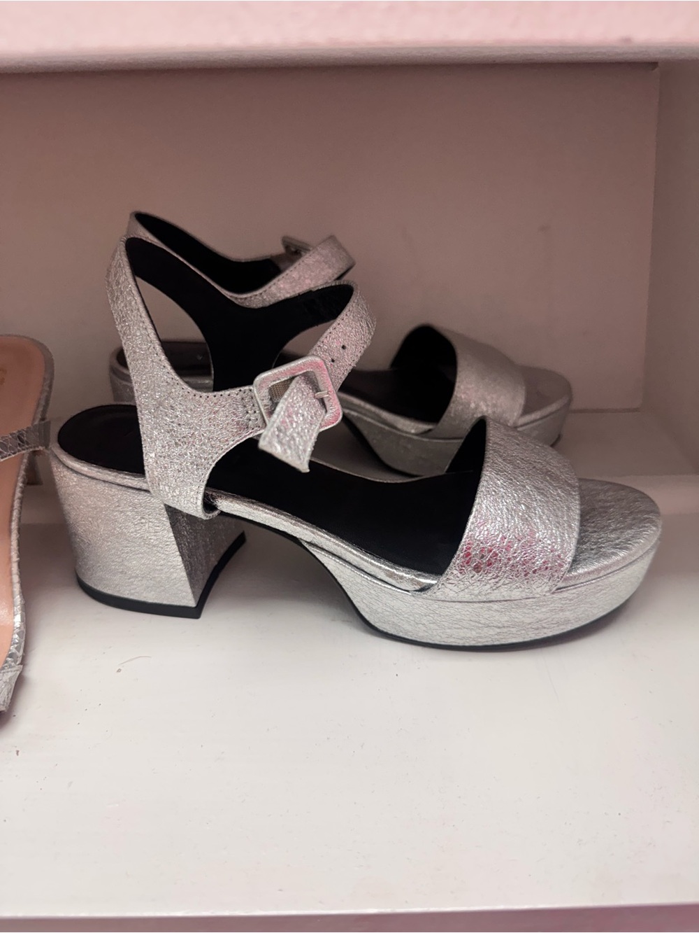 M. Gemi Italian Silver Metallic Women’s Block Heel Sandals